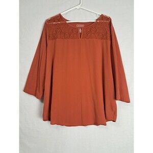 Van Heusen Womens XXL Long Sleeve Blouse Rust Orange Keyhole Datailed Kneckline